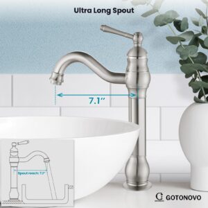 gotonovo Brushed Nickel Bathroom Vessel Sink Faucet with Pop Up Drain Single Lever Handle 1 Hole Bowl Sink Mixer Tap Tall Spout Lavatory Vanity