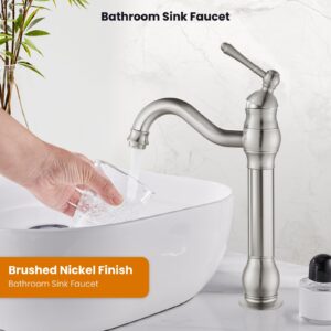 gotonovo Brushed Nickel Bathroom Vessel Sink Faucet with Pop Up Drain Single Lever Handle 1 Hole Bowl Sink Mixer Tap Tall Spout Lavatory Vanity