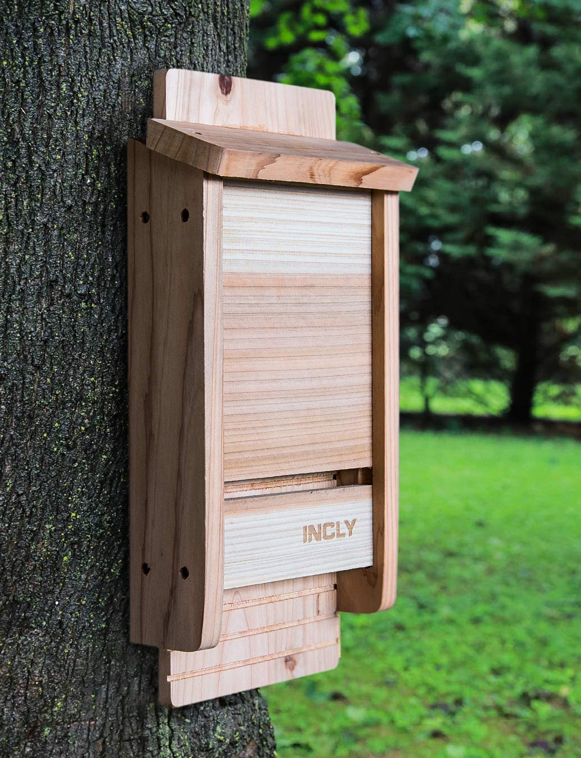 INCLY Small Bat House Kit for Outdoors 14.6"x6.7"x2.2" Shelter Box Roosting Single Chamber Natural Cedar Wood, Pre-Finished Easy to Install