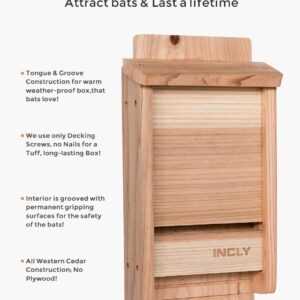 INCLY Small Bat House Kit for Outdoors 14.6"x6.7"x2.2" Shelter Box Roosting Single Chamber Natural Cedar Wood, Pre-Finished Easy to Install