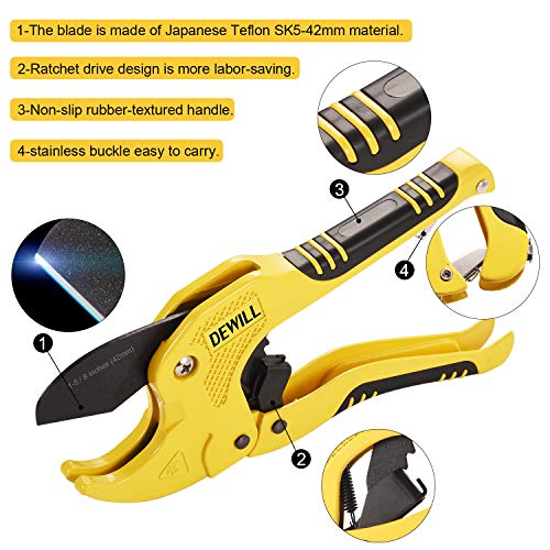 DEWILL Ratchet-type Pipe and PVC Cutter, One-hand Fast Pipe Cutting Tool, for Cutting1-5/8 inch PVC PPR Plastic Hoses and Pipe, Suitable for Home Working and Plumber