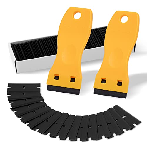 FOSHIO 2PCS Plastic Razor Blade Scraper Tool and 100PCS Plastic Blades for Gasket Remover, Sticker Remover, Labels Decal and Adhesive Remover for Windows and Glass (Yellow)