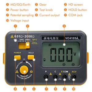 VC4105A Earth Resistance Tester Digital Grounding Resistance Meter 20/200/2000Ω Ground Resistance 750V AC Voltage Measure Backlight LCD Display Data Hold