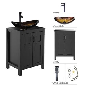 ARTETHYS 24 inch Bathroom Vanity Set - Combo MDF Sink Cabinet Vanity with Counter Top Glass Vessel Sink Vanity and 1.5 GPM Faucet (Single Vanity+Oval Golden Sink)