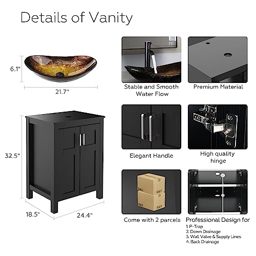 ARTETHYS 24 inch Bathroom Vanity Set - Combo MDF Sink Cabinet Vanity with Counter Top Glass Vessel Sink Vanity and 1.5 GPM Faucet (Single Vanity+Oval Golden Sink)