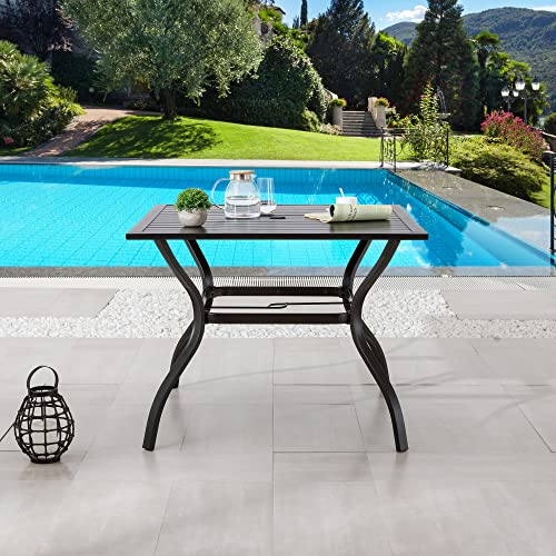 LOKATSE HOME 37" x 37" Patio Dining Table Square Outdoor Metal Steel Frame with Umbrella Hole, Black