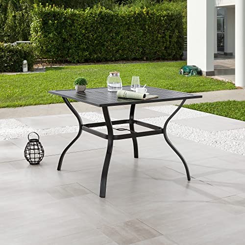 LOKATSE HOME 37" x 37" Patio Dining Table Square Outdoor Metal Steel Frame with Umbrella Hole, Black