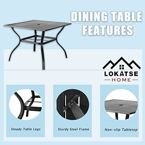 LOKATSE HOME 37" x 37" Patio Dining Table Square Outdoor Metal Steel Frame with Umbrella Hole, Black