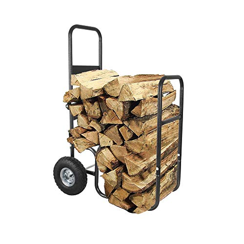 LEADALLWAY Firewood Cart Wood Hauler Fireplace Log Carrier Mover|Outdoor Indoor Heavy Duty Steel Firewood Storage Carrier Cart With 2 Pheumatic Wheels, Labour-Saving Wood Stove Accessories Tools