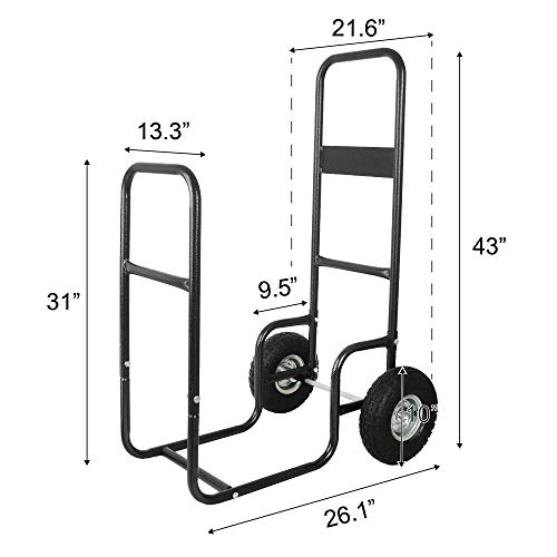 LEADALLWAY Firewood Cart Wood Hauler Fireplace Log Carrier Mover|Outdoor Indoor Heavy Duty Steel Firewood Storage Carrier Cart With 2 Pheumatic Wheels, Labour-Saving Wood Stove Accessories Tools