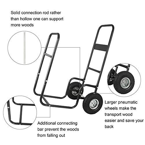 LEADALLWAY Firewood Cart Wood Hauler Fireplace Log Carrier Mover|Outdoor Indoor Heavy Duty Steel Firewood Storage Carrier Cart With 2 Pheumatic Wheels, Labour-Saving Wood Stove Accessories Tools