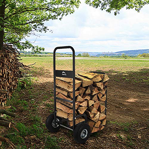 LEADALLWAY Firewood Cart Wood Hauler Fireplace Log Carrier Mover|Outdoor Indoor Heavy Duty Steel Firewood Storage Carrier Cart With 2 Pheumatic Wheels, Labour-Saving Wood Stove Accessories Tools