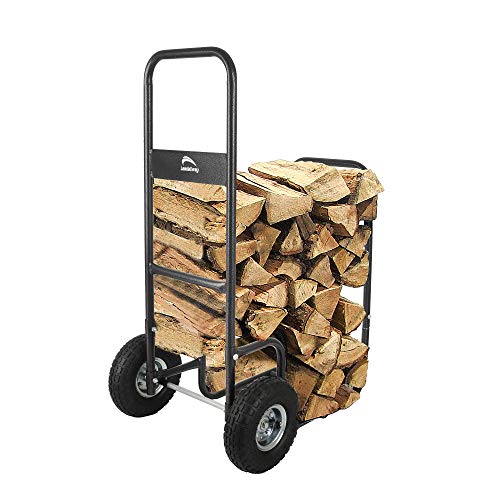 LEADALLWAY Firewood Cart Wood Hauler Fireplace Log Carrier Mover|Outdoor Indoor Heavy Duty Steel Firewood Storage Carrier Cart With 2 Pheumatic Wheels, Labour-Saving Wood Stove Accessories Tools