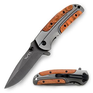 bgt folding pocket camping knife 3.5 inches stainless steel blade with titanium coating, wood handle, for outdoor, tactical, survival, hiking, fishing and edc