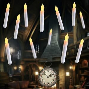 raycare 12pcs led flameless taper candles with 6h automatic timer, 0.79×6.5 inches battery operated fake candles with warm yellow flickering light, dripless candles for window themed party decorations