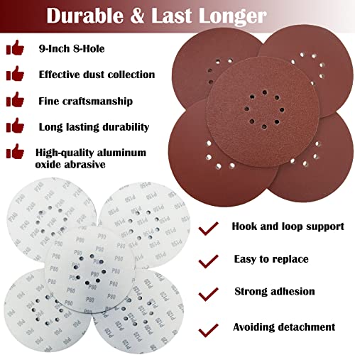 Sackorange 50 PCS 9-Inch 8-Hole Drywall Sanding Discs Set -10 PCS Each of 60 80 120 150 240 Grits,9" Hook-and-Loop Aluminum Oxide Sander Paper for Drywall Sander