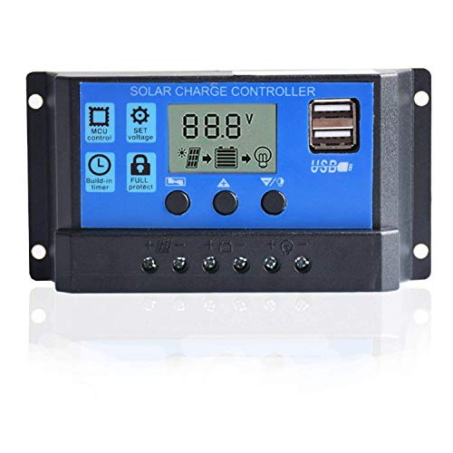 Fuhuihe Solar Charger Controller 30A, Solar Panel Battery Regulator 12V/24V Auto Paremeter Adjustable LCD Display with Dual USB Load Timer Setting ON/Off Hours