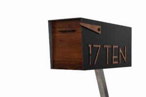 contemporary post mount mailbox/aluminum black body and aluminum red oak door and numbers, custom mailbox, letterbox, mailnest type 4
