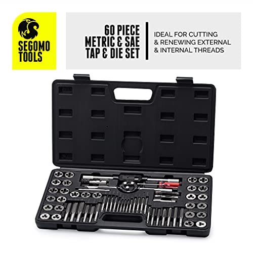 Segomo Tools 60 Piece Metric & SAE Threading Tap & Die Tool Set with Storage Case | Rethreading Kit | Tap Set | Tap and Die Kit | Tap and Die Set Metric and Standard - TD60MMSAE