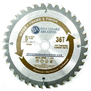 benchmark abrasives 5-1/2" 36 tooth, tct wood cutting saw blade for general purpose cutting & trimming of softwoods, hardwoods, long lasting blades, use with circular saw (5-1/2" 36t)