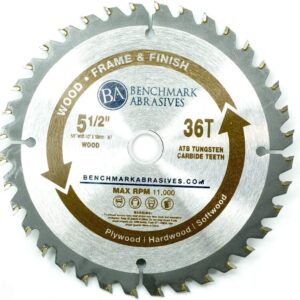 Benchmark Abrasives 5-1/2" 36 Tooth, TCT Wood Cutting Saw Blade for General Purpose Cutting & Trimming of Softwoods, Hardwoods, Long Lasting Blades, Use with Circular Saw (5-1/2" 36T)