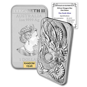 2018 - present (random year) 1 oz silver bar australia perth mint dragon series rectangular coin brilliant uncirculated with certificate of authenticity $1 bu