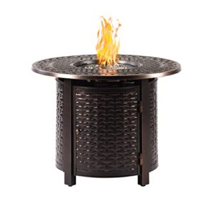 aluminum 37,0000 btu 34 in. round propane black fire pit table with fire beads, lid, propane tank cover and table fabric covers in copper finish