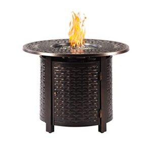 Aluminum 37,0000 BTU 34 in. Round Propane Black Fire Pit Table with Fire Beads, Lid, Propane Tank Cover and Table Fabric Covers in Copper Finish