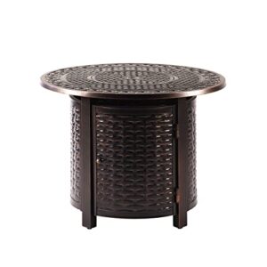 Aluminum 37,0000 BTU 34 in. Round Propane Black Fire Pit Table with Fire Beads, Lid, Propane Tank Cover and Table Fabric Covers in Copper Finish