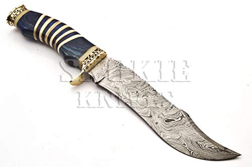 Skokie Knives Custom Hand Made Damascus Steel Hunting Knife Handle Original Camel Bone with Brass Spacer and Pakka Wood A Perfect Grip for Hunters