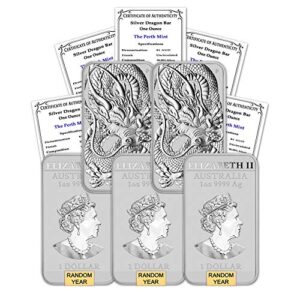 2018 - Present (Random Year) P Lot of (5) 1 oz Silver Bars Australia Perth Mint Dragon Series Rectangular Coins Brilliant Uncirculated with Certificates of Authenticity $1 BU