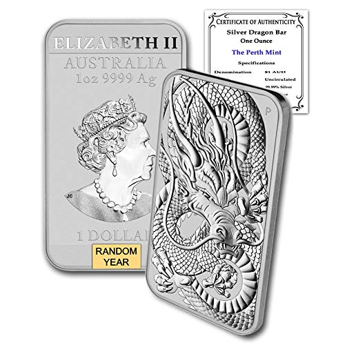 2018 - Present (Random Year) P Lot of (5) 1 oz Silver Bars Australia Perth Mint Dragon Series Rectangular Coins Brilliant Uncirculated with Certificates of Authenticity $1 BU