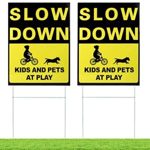 kichwit 2 pack double sided slow down kids and pets at play yard signs with metal stakes, sign measures 11.8 x 15.7 inches