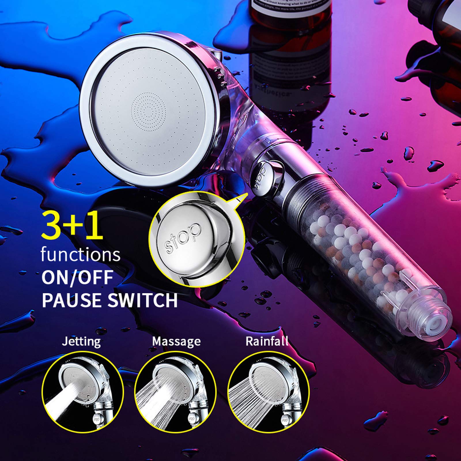 KAIYING Filtered Shower Head with On Off Switch, High Pressure Handheld Showerhead with Beads, Detachable Filter Showerhead with 5Ft Hose, Self Adhesive Bracket