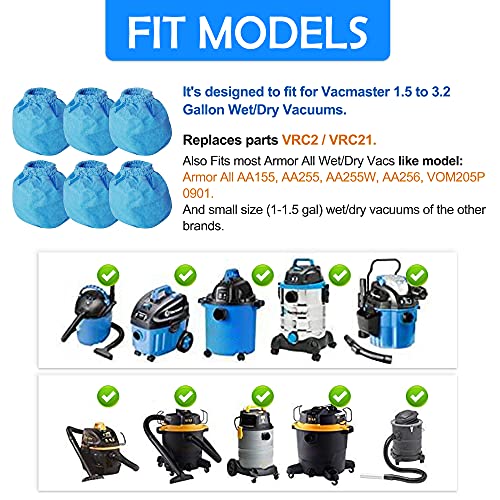 Smilefil VRC2 Cloth Filter Replacements for Vacmaster 1.5 to 3.2 Gallon Wet/Dry Vacuums, 6 Pack