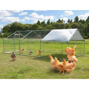 large metal chicken coop walk-in poultry cage hen run house cage spire shaped cage with waterproof and anti-ultraviolet cover for outdoor backyard farm use (1.26" diameter, 19.68’ l×9.84’ w)