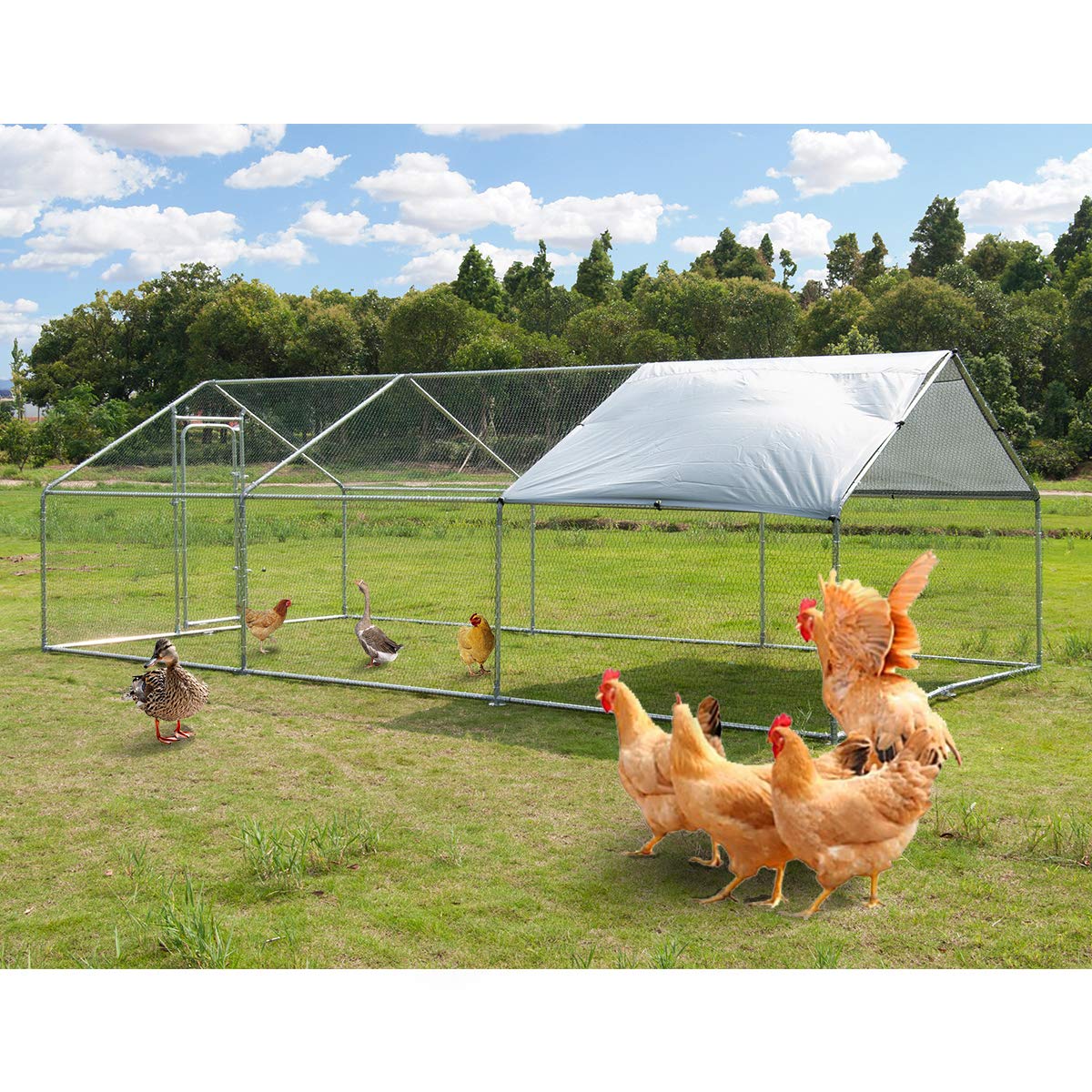 Large Metal Chicken Coop Walk-in Poultry Cage Hen Run House Cage Spire Shaped Cage with Waterproof and Anti-Ultraviolet Cover for Outdoor Backyard Farm Use (1.26" Diameter, 19.68’ L×9.84’ W)