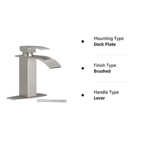 Hoimpro Waterfall Spout Brushed Nickel Single Hole Bathroom Faucet,Single Handle Bathroom Vanity Sink Faucet, Rv Lavatory Vessel Faucet with 6 Inch Deck Plate, Brass