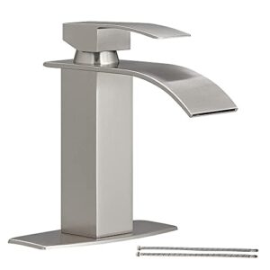 hoimpro waterfall spout brushed nickel single hole bathroom faucet,single handle bathroom vanity sink faucet, rv lavatory vessel faucet with 6 inch deck plate, brass