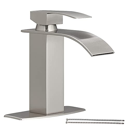 Hoimpro Waterfall Spout Brushed Nickel Single Hole Bathroom Faucet,Single Handle Bathroom Vanity Sink Faucet, Rv Lavatory Vessel Faucet with 6 Inch Deck Plate, Brass