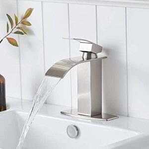 Hoimpro Waterfall Spout Brushed Nickel Single Hole Bathroom Faucet,Single Handle Bathroom Vanity Sink Faucet, Rv Lavatory Vessel Faucet with 6 Inch Deck Plate, Brass