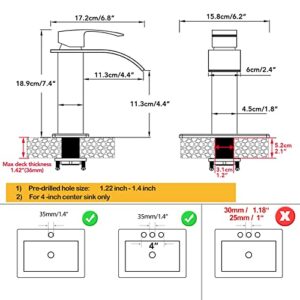 Hoimpro Waterfall Spout Brushed Nickel Single Hole Bathroom Faucet,Single Handle Bathroom Vanity Sink Faucet, Rv Lavatory Vessel Faucet with 6 Inch Deck Plate, Brass