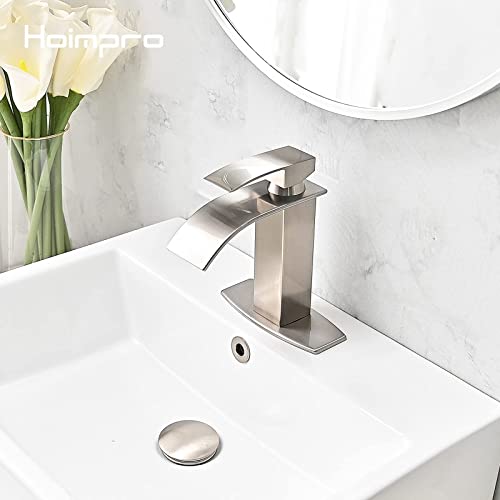 Hoimpro Waterfall Spout Brushed Nickel Single Hole Bathroom Faucet,Single Handle Bathroom Vanity Sink Faucet, Rv Lavatory Vessel Faucet with 6 Inch Deck Plate, Brass