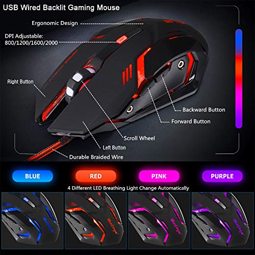 One Hand RGB Gaming Keyboard and Backlit Mouse Combo,USB Wired Rainbow Letters Glow Single Hand Mechanical Feeling Keyboard with Wrist Rest Support, Gaming Keyboard Set for Game