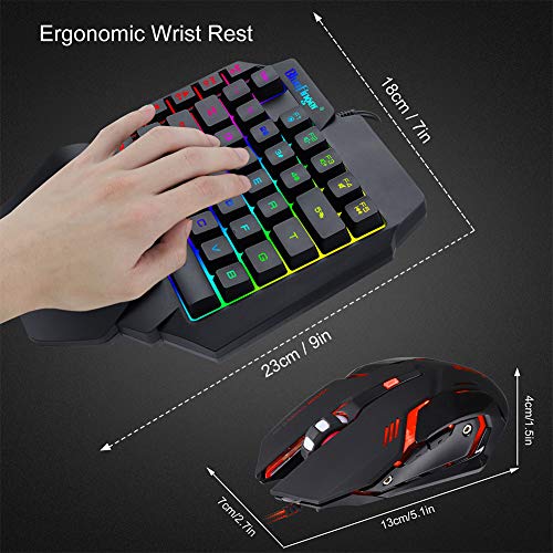 One Hand RGB Gaming Keyboard and Backlit Mouse Combo,USB Wired Rainbow Letters Glow Single Hand Mechanical Feeling Keyboard with Wrist Rest Support, Gaming Keyboard Set for Game