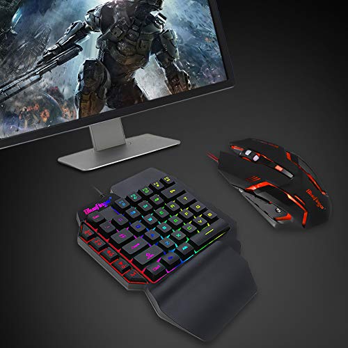 One Hand RGB Gaming Keyboard and Backlit Mouse Combo,USB Wired Rainbow Letters Glow Single Hand Mechanical Feeling Keyboard with Wrist Rest Support, Gaming Keyboard Set for Game