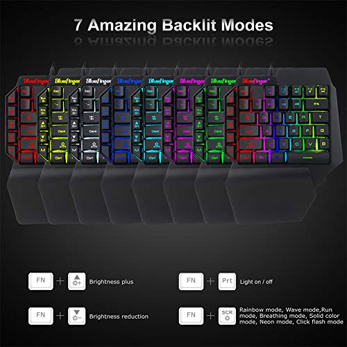 One Hand RGB Gaming Keyboard and Backlit Mouse Combo,USB Wired Rainbow Letters Glow Single Hand Mechanical Feeling Keyboard with Wrist Rest Support, Gaming Keyboard Set for Game