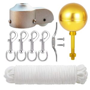 ekev flag pole hardware parts repair kits - 3" topper gold ball + 50 ft halyard rope + 6" cleat hook + 4 flag swivel snap hooks + flagpole pulley truck for 2" od tube