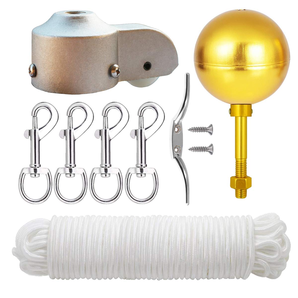 EKEV Flag Pole Hardware Parts Repair Kits - 3" Topper Gold Ball + 50 Ft Halyard Rope + 6" Cleat Hook + 4 Flag Swivel Snap Hooks + Flagpole Pulley Truck for 2" OD Tube