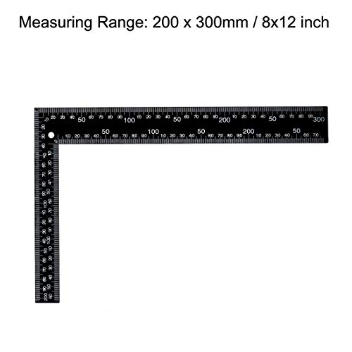 uxcell Angle Ruler 200x300mm 8x12 Inch Metric Double Scale Stainless Steel Dual Side L Shape Square 90 Degree Layout Tool for Woodworker Engineer Black